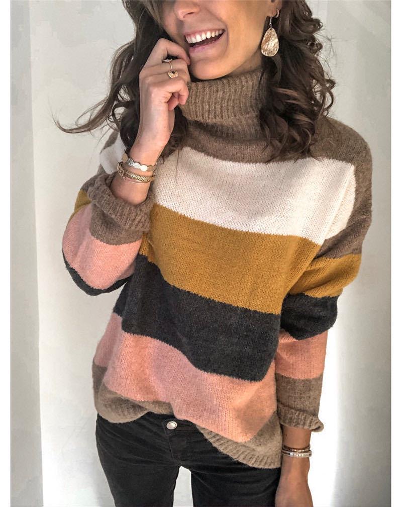 2025 Autumn Winter Plus Size Striped Patchwork High Neck Wool Knit Sweater for Women
