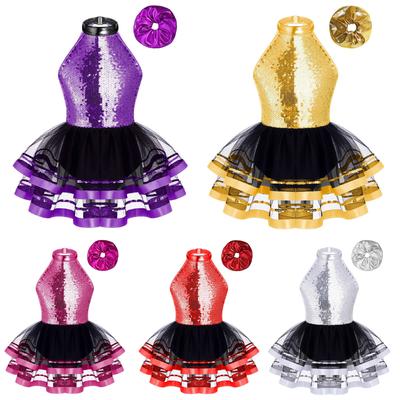 Vestito da Ballo per Bambina con Scollo all'Americana Senza Maniche Schiena Scoperta Decorato con Paillettes Scintillanti Costume Tutù