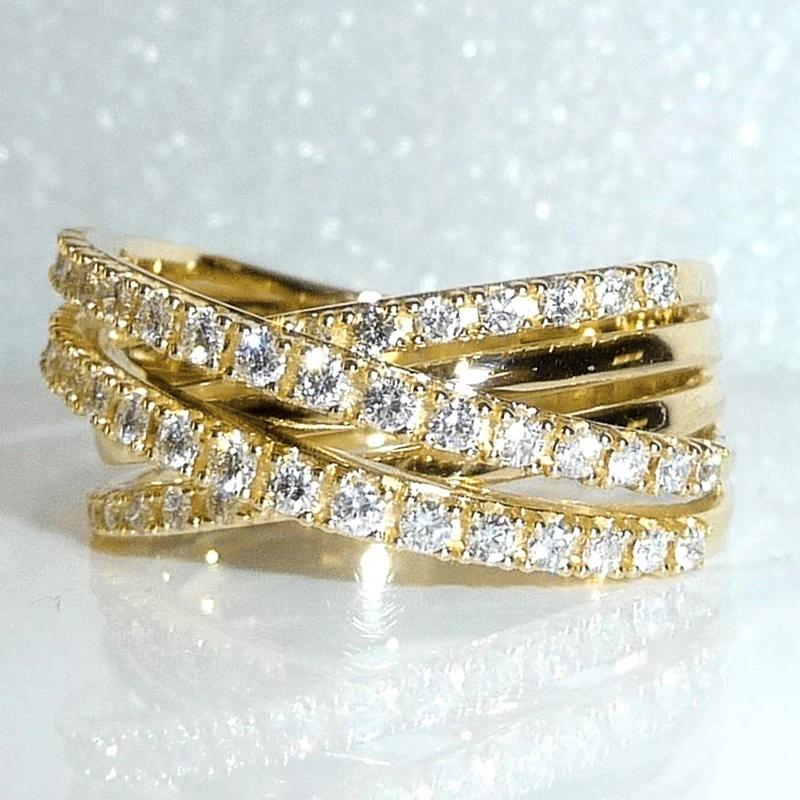 Trendy Noble Gold Color Cross Rings for Women Shining Cubic Zirconia Lady Wedding Party Anniversary Accessories Jewelry