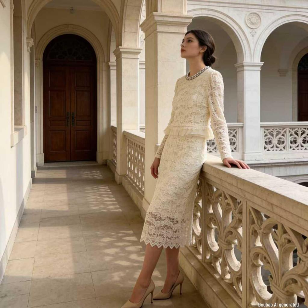 HL94 Elegant Lace Beaded Long Sleeve Spring/Autumn Dress