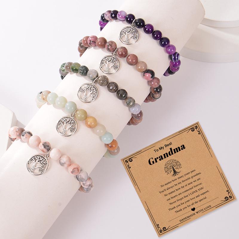 Nana Pink Zebra Stone Tree of Life Bracelet with Pendant - Natural Stone Gift for Grandma