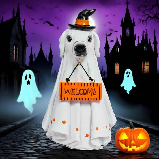Halloween Porch Ghost Figurine Resin Cow Goose Cat Statue with Pumpkin Bucket or Welcome Sign for Indoor Outdoor Yard Lawn Shelf Table Decor