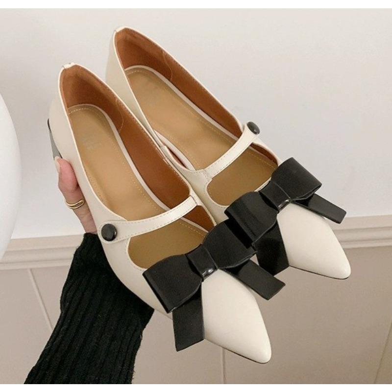 Fashion New Style Women's Cow Leather Mixed Color Ins Thick Med Heels Pointed Toe Butterfly-knot Shoes Fashion Party Brand Women Pumps