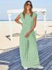 Women's Striped Wide Leg Jumpsuit Cap Sleeve Crew Neck Button Down Waffle Knit Summer Outfit