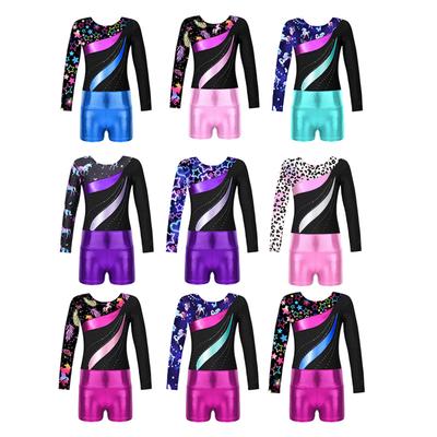 Meisjes Gymnastiek Dans Set Strass Leotard Lange Mouw Patchwork Print Metallic Korte Broek Optreden