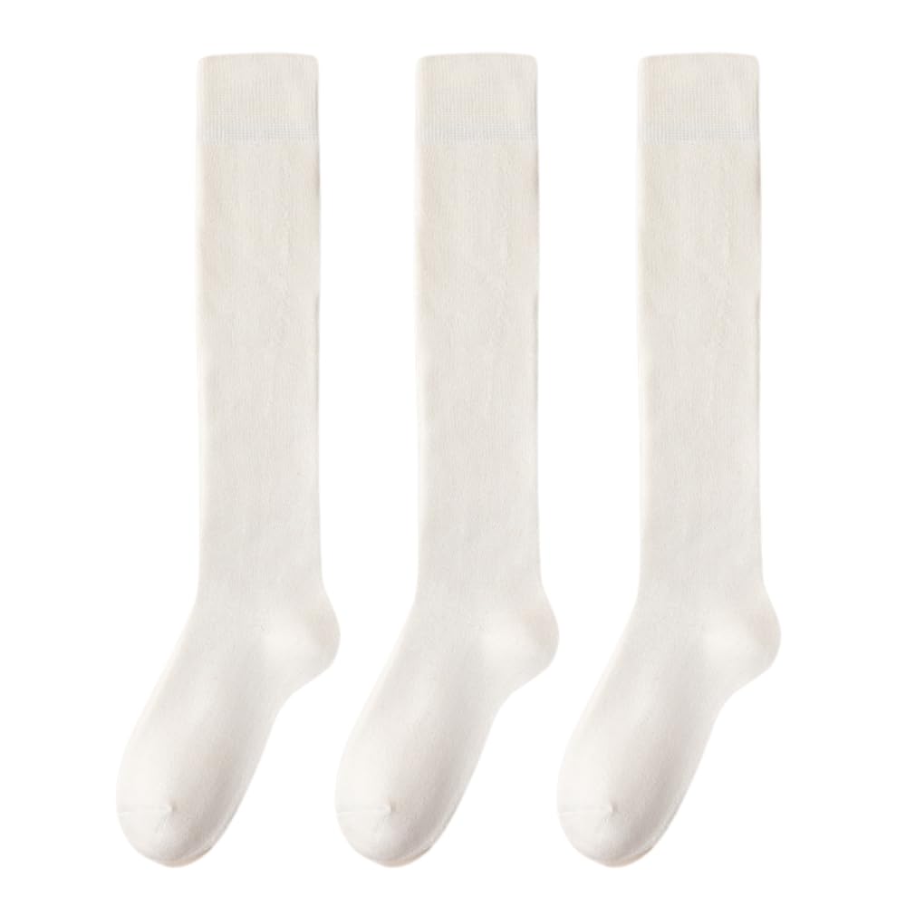 AQshop Warm Knee Black and Soft and Warm Cotton Room Sizes Women's Socks, Thick, White, Pile, Women's Socks, 3-Pair Set, 22.5-25cm (White)