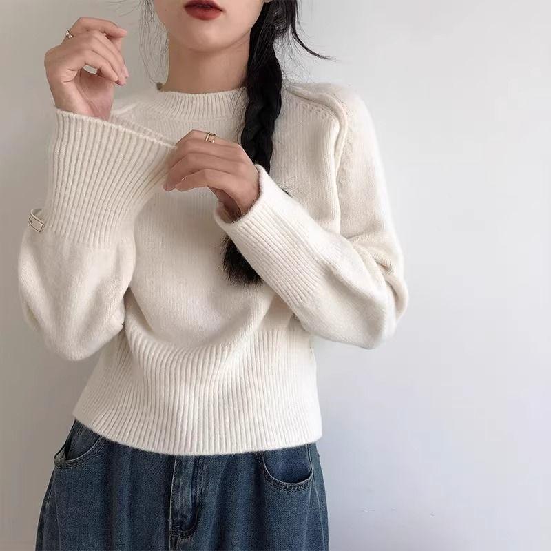 New Korean Chic Round Neck Loose Sweater Women Winter Solid Bottoming Shirt Knitted Tops Simple Design Casual Pullover