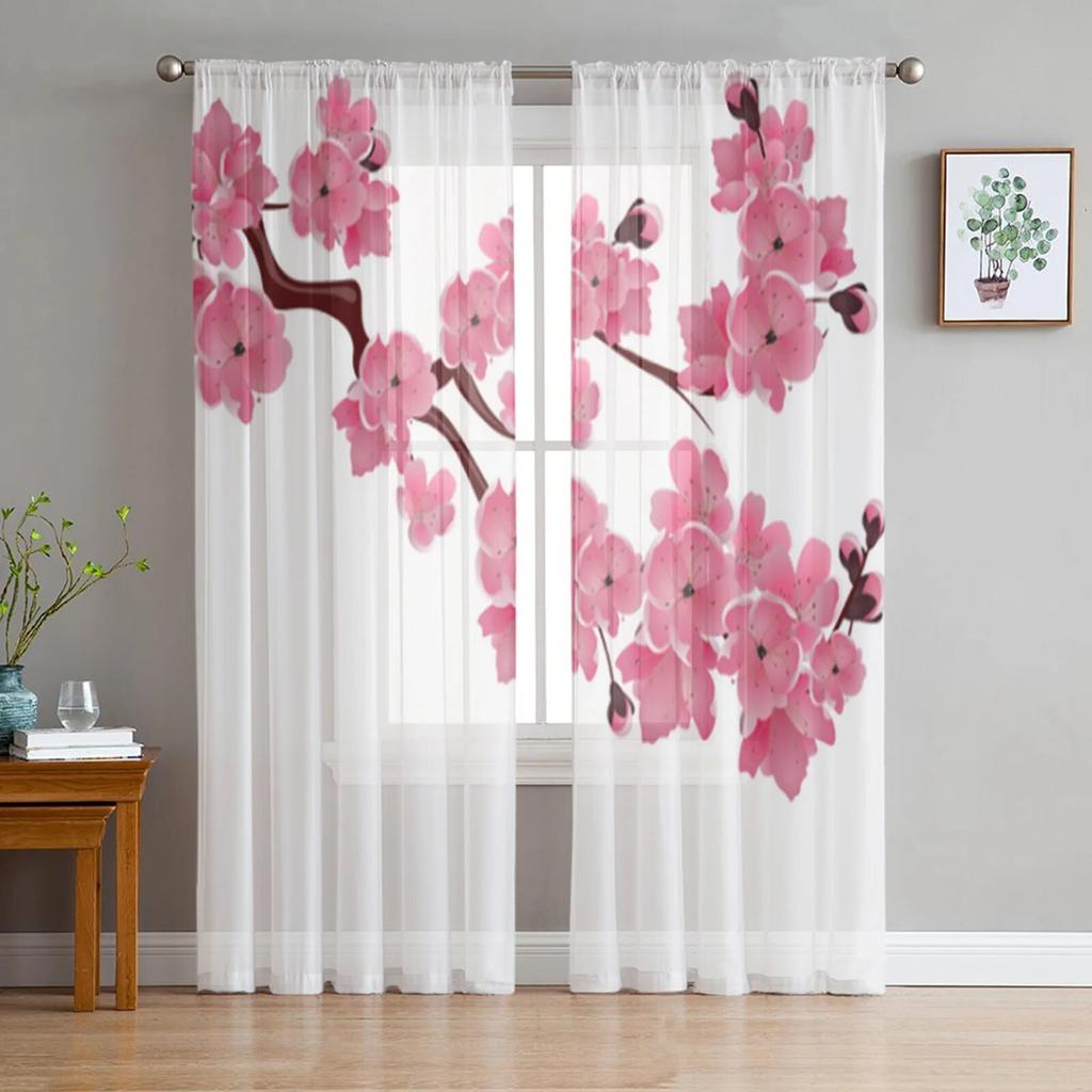 Spring Cherry Blossom Branch Tulle Sheer Curtains for Living Room Bedroom Kitchen for Windows Voile Drapes Home Decoration
