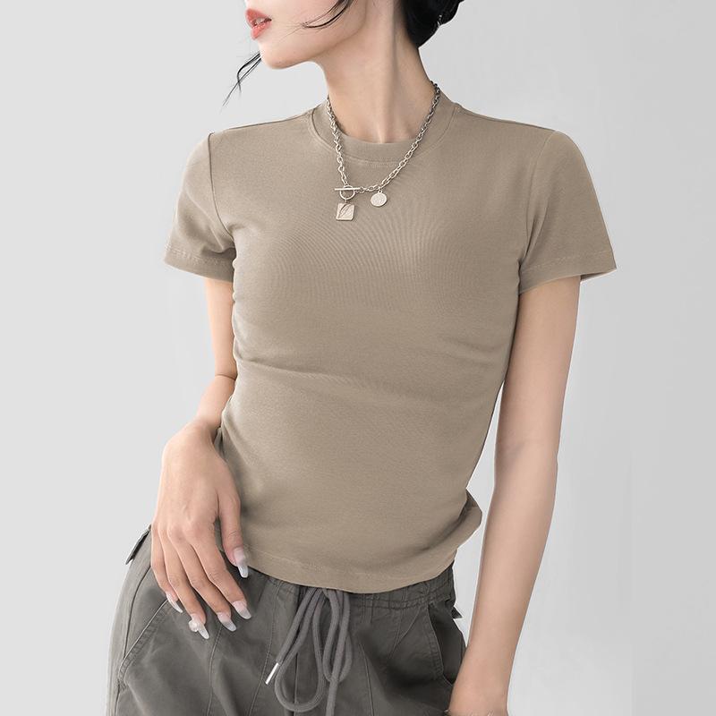 Small Round Neck Shoulder Short Sleeved T-shirt for Women In Spring and Summer, Slim Fit and Slimming, Can Be Worn Outside, High-end and Spicy Girl