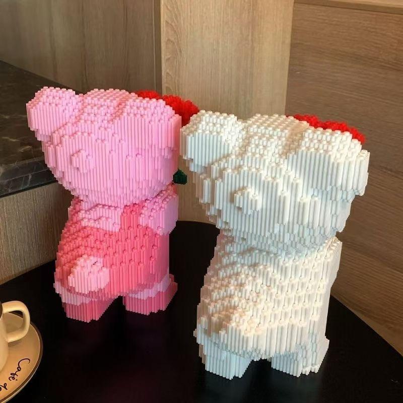 Cute Cartoon Pink Flower Teddy Bear Building Block Toy Educational Toy for Kids Couple Gift Desktop Decorations