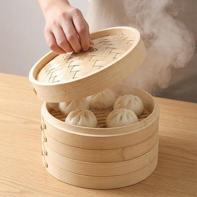 Panier vapeur en bambou à 2 étages Cuiseur vapeur pour raviolis Usage domestique Grande capacité avec couvercle Pains Réutilisable Rond