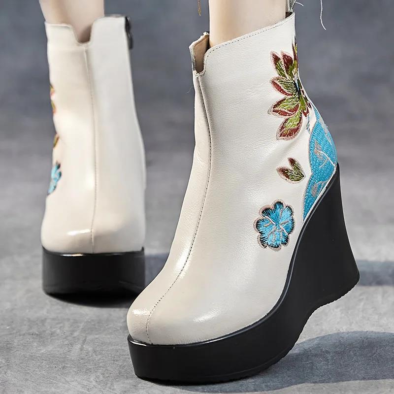 Fashion GKTINOO Handmade Boots For Women Genuine Leather Ankle Shoes Embroidery Vintage Platform Women Shoes Round Toes Wedges Boots