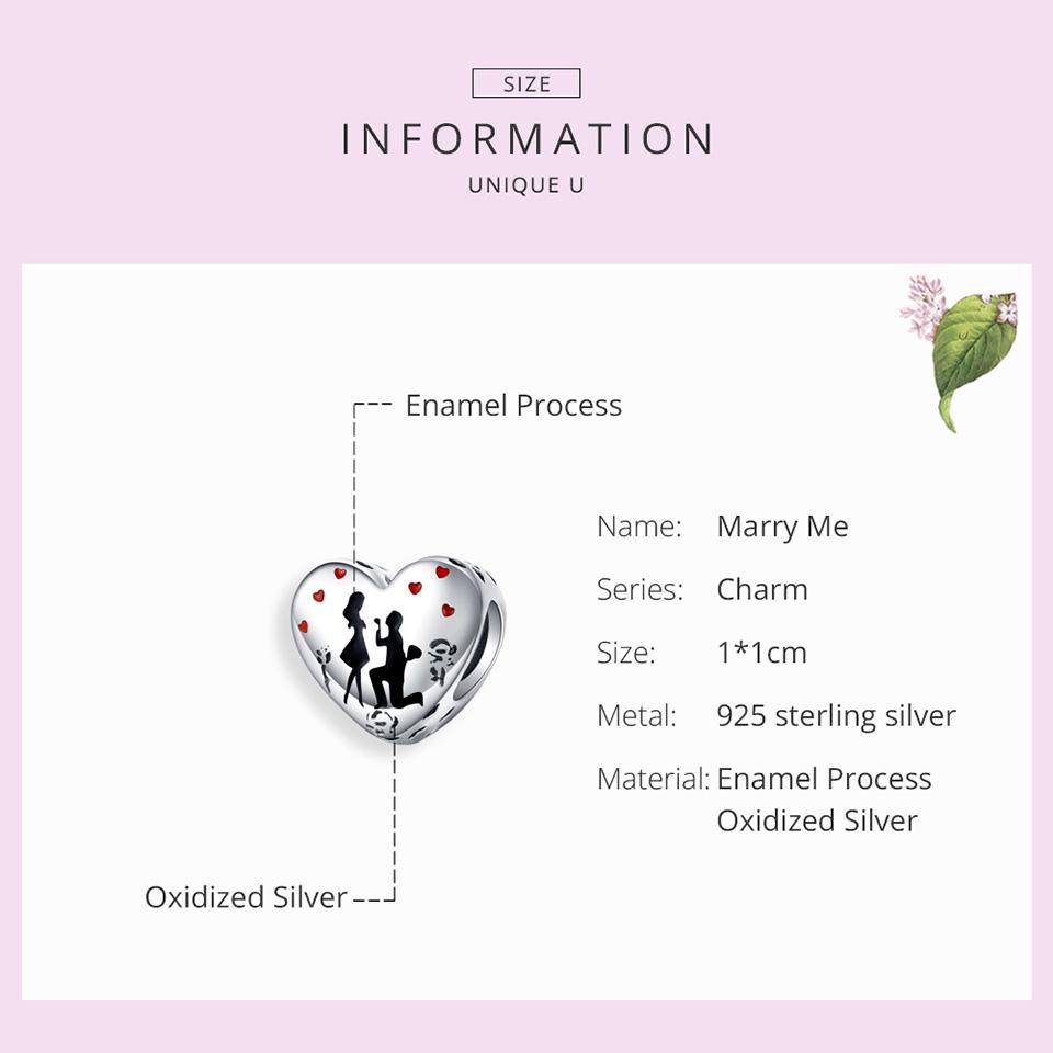 BAMOER Marry Me Heart Enamel Charm for Women Original Silver Bracelet 925 Sterling Silver Jewelry