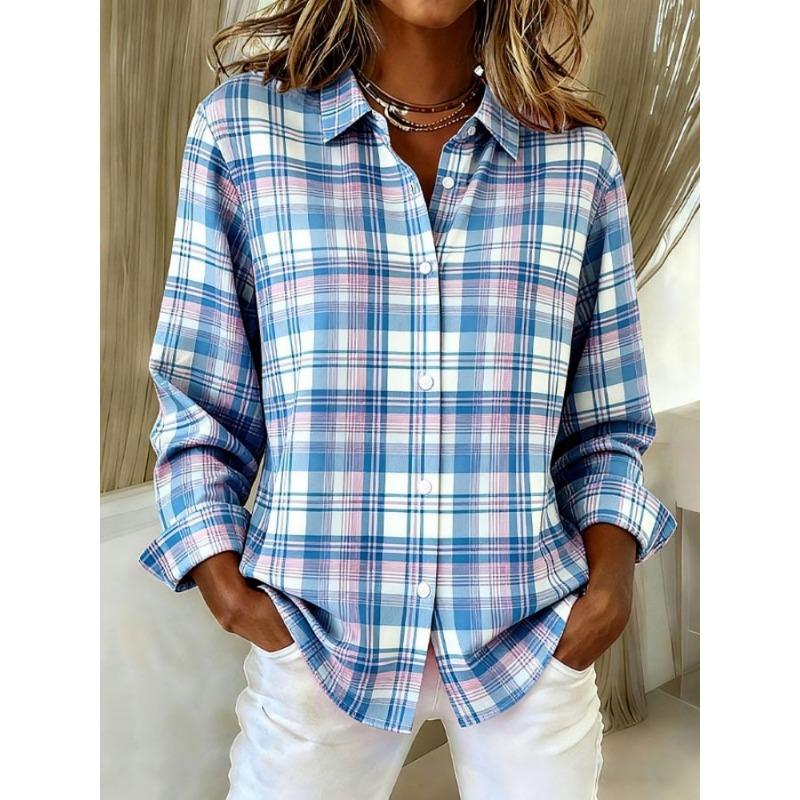 Blusa Casual a Cuadros con Estampado Navideño para Mujer Moda Manga Larga Botones Cuello Solapa Camisas Harajuku Otoño Elegantes Tops