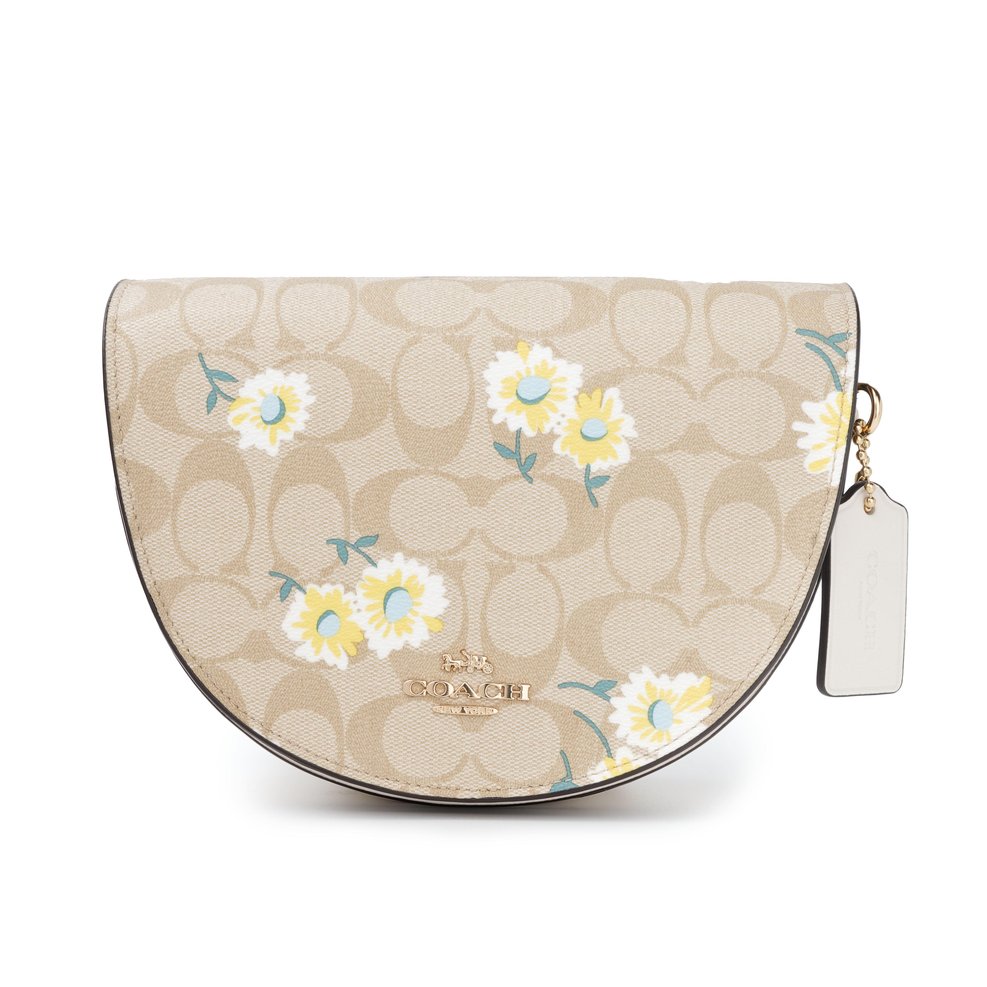 Coach Ellen Series 21 Small Daisy Floral Print Signature Canvas Leather Saddle Bag Women Saddle Bag Khaki C3597-IMOTV Basic Set (Bag+Dust Bag)