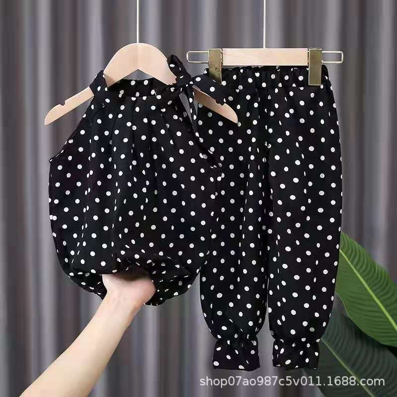 

Summer Thin Chiffon Set for Girls, Fashionable Polka Dot Children s Clothing, Trendy Two-Piece Korean Style Summer Outfit for Toddlers and Young 120cm чорний