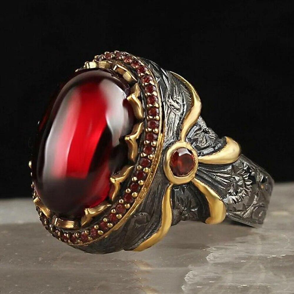 Handmade Turkish Jewelry Big Oval Natural Turquoise Stone Rings For Men Retro Green Red Blue Zircon Wedding Rings For Women