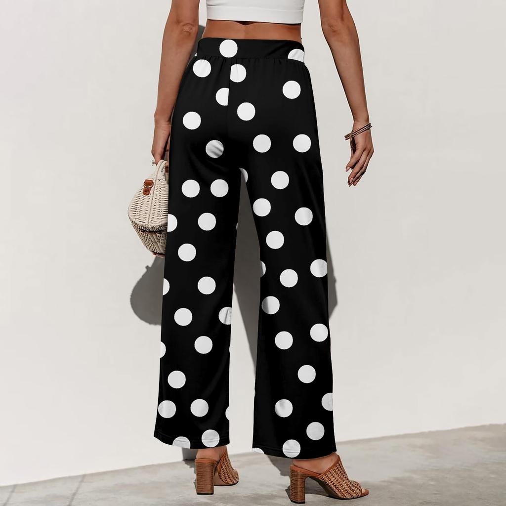 Calças Largas Femininas com Estampa de Bolinhas e Cintura Elástica com Botão e Bolsos para Uso Casual de Verão