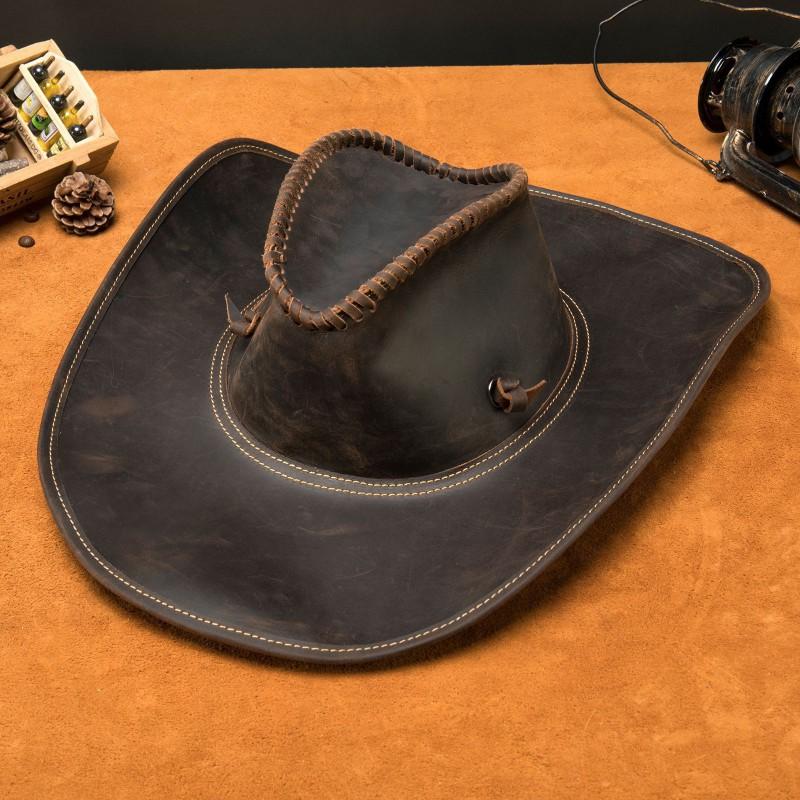 Mens Genuine Leather Cowboy Hat With
