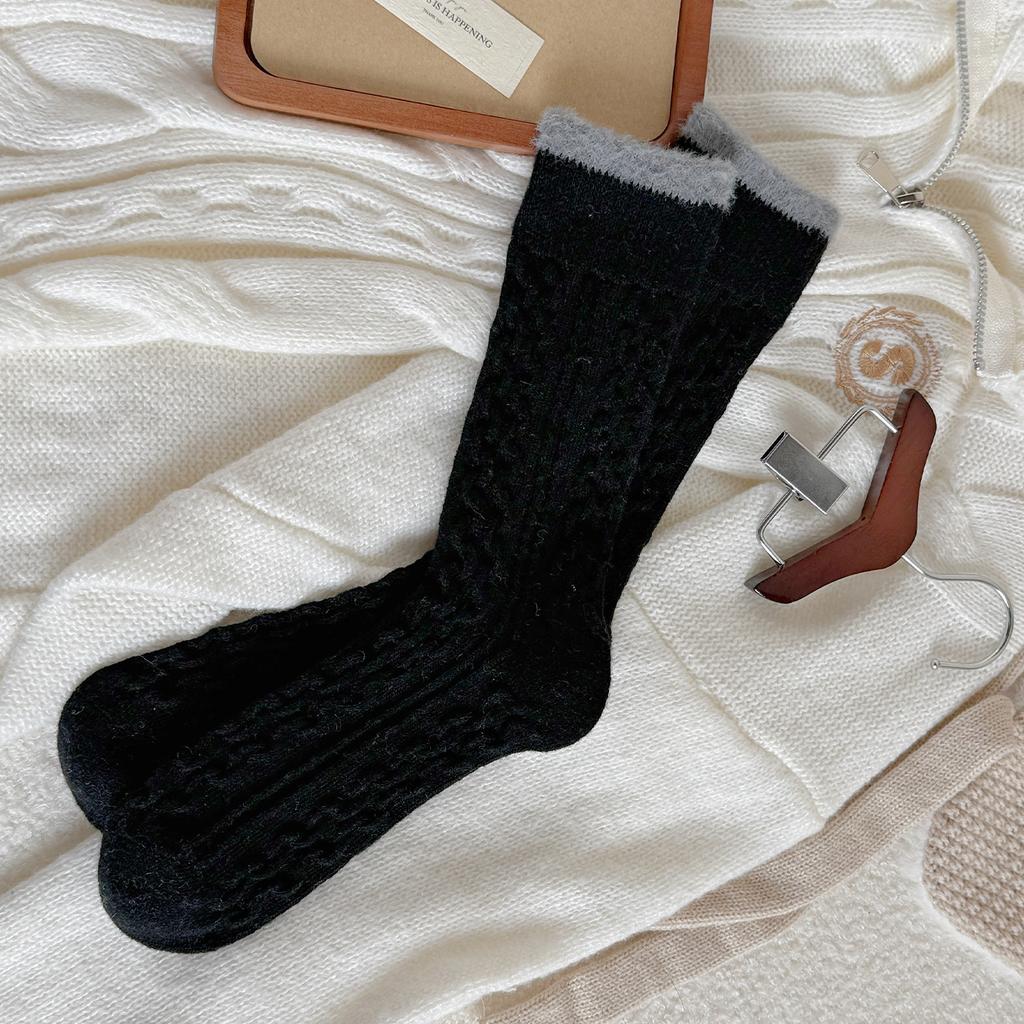 Wool Socks Children'S Warm Thickened Socks Fleece Medium Tube Socks Contrast Twist Striped Stacking Socks