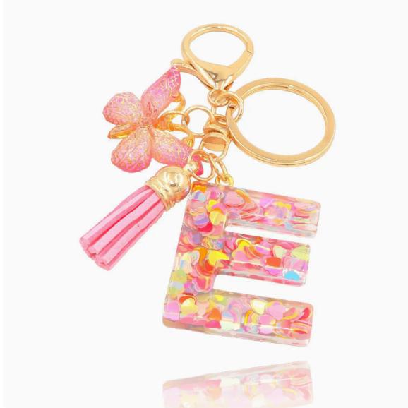 Glitter Resin 26 Letters Keychain with Butterfly Tassel for Women Gift
