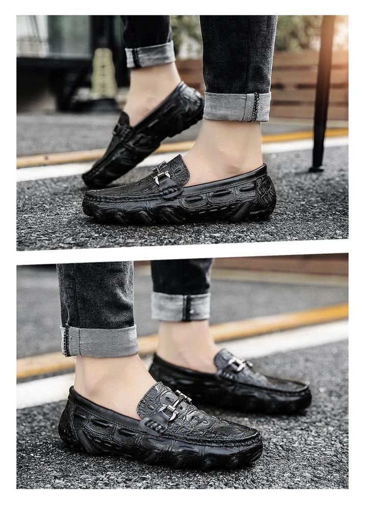 Men's Spring Alligator Pattern Leather Slip-On Shoes - Casual, Trendy, Soft Sole Driving & Work Shoes
