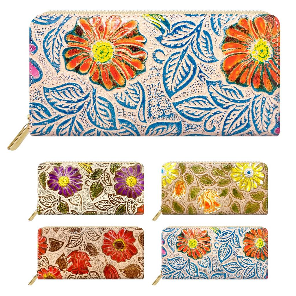 Leo&Aoi Genuine Leather Round Wallet with Zipper closure, Card Slots, Coin Purse, Leather, Cowhide Leather, Floral Print, Retro Floral Embossed, Blue