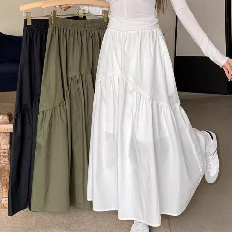 Spring New Elastic High Waist Fashion Loose Long Skirts Women Pleated Patchwork Summer A-line Skirt Female Elegant Temperament Simple Lady Skirt 26290