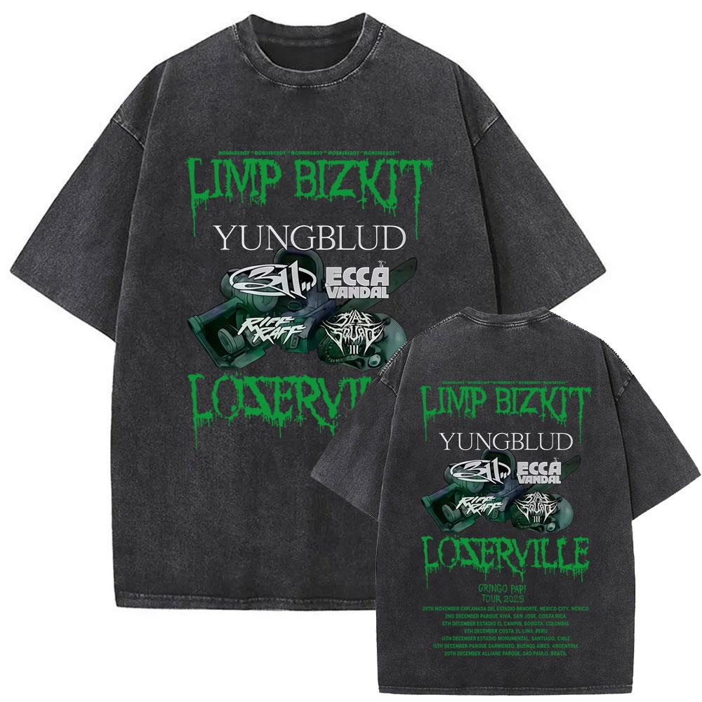 Washed Vintage Rock Band Limp Bizkit Album Graphic  Tshirt Men Women Casual Oversized Short Sleeve T Shirt Man Streetwear