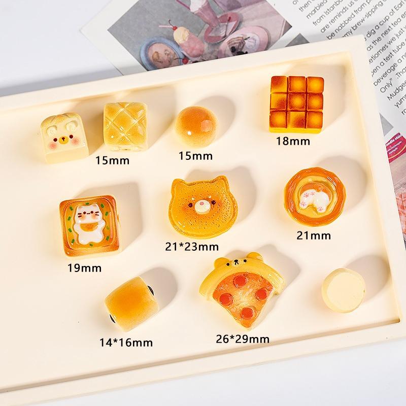 8Pcs Mixed Cartoon Simulation Bakery Resin Charms Play Food Bear Bread Egg Tart Bun Cake Pizza Cat Cheese Bread Diy Decor