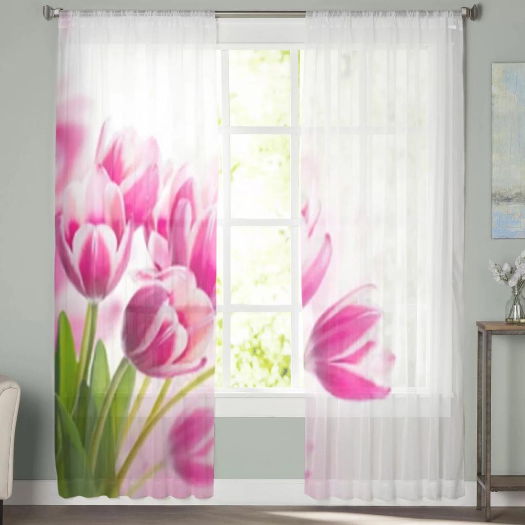 Rote Tulpen mit grünem Gras, transparente Vorhänge für Wohnzimmer, Fenster, transparenter Voile-Tüll-Vorhang, Schlafzimmer-Vorhänge, Heimdekoration