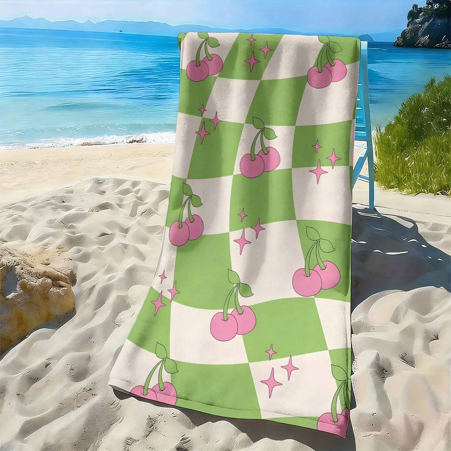 

Cherry and star green check pattern polyester microfiber beach towel is highly absorbent suitable for swimming and beach outings W30*H60(CM)
