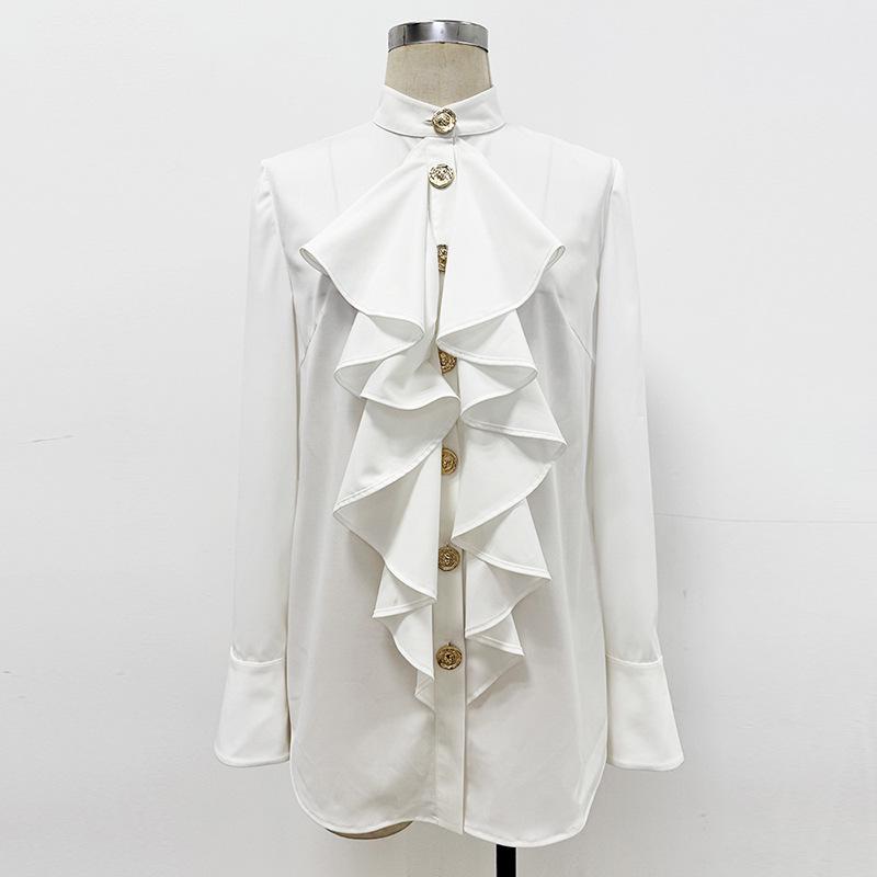 

2025 European & American Fashion Slim Fit Ruffle White Long-Sleeve Shirt XL білий