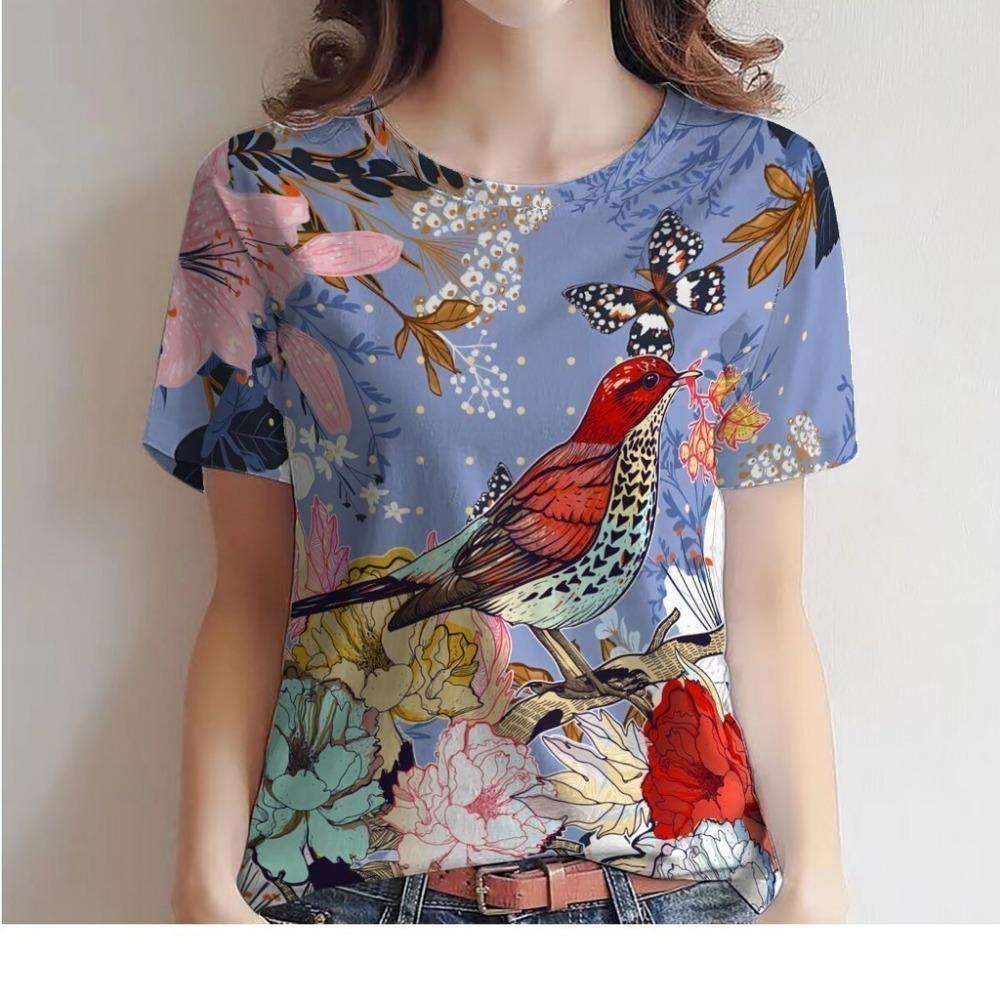 Round Neck Short Sleeved Top, Women's Floral Printed T-shirt