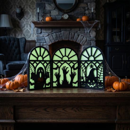 No-assembly Halloween Party Decor Glow-in-the-Dark Table Decoration, Witch Ghost Silhouette Design, Decorations Foldable Luminous Ornament,