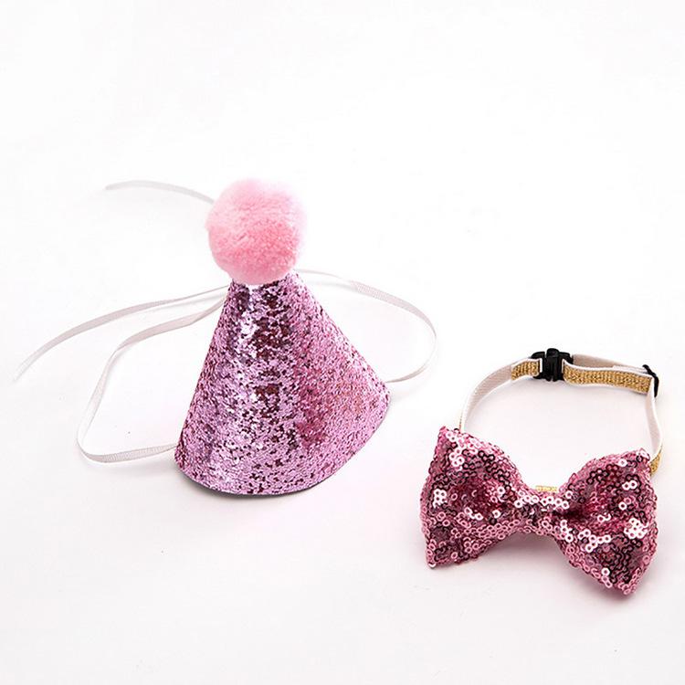 Pet Festival Set Sparkling Pink Hat Bow Collar Party Theme Decoration Props Cute Pet Birthday Dress Up