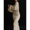 Women Knitted Dress Long Sleeve Tie Backless Round Neck Dress Solid Color Ruffle Trim Casual Fashion Dresses