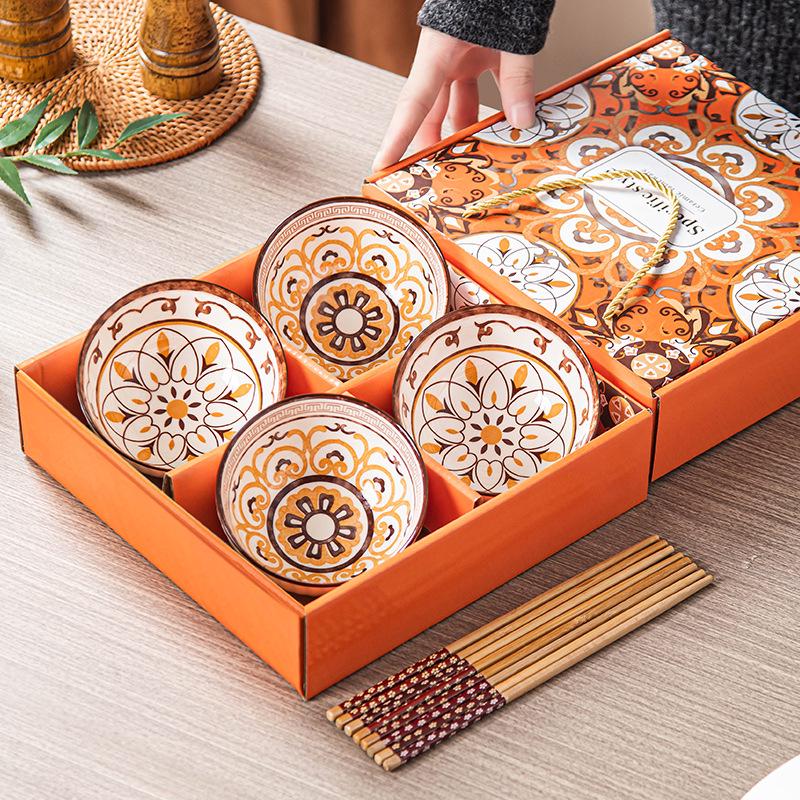 Retro Vintage Ceramic Dinnerware Set: Bowls, Plates, Dishes, Chopsticks in Gift Box - Sophisticated Small Souvenir.