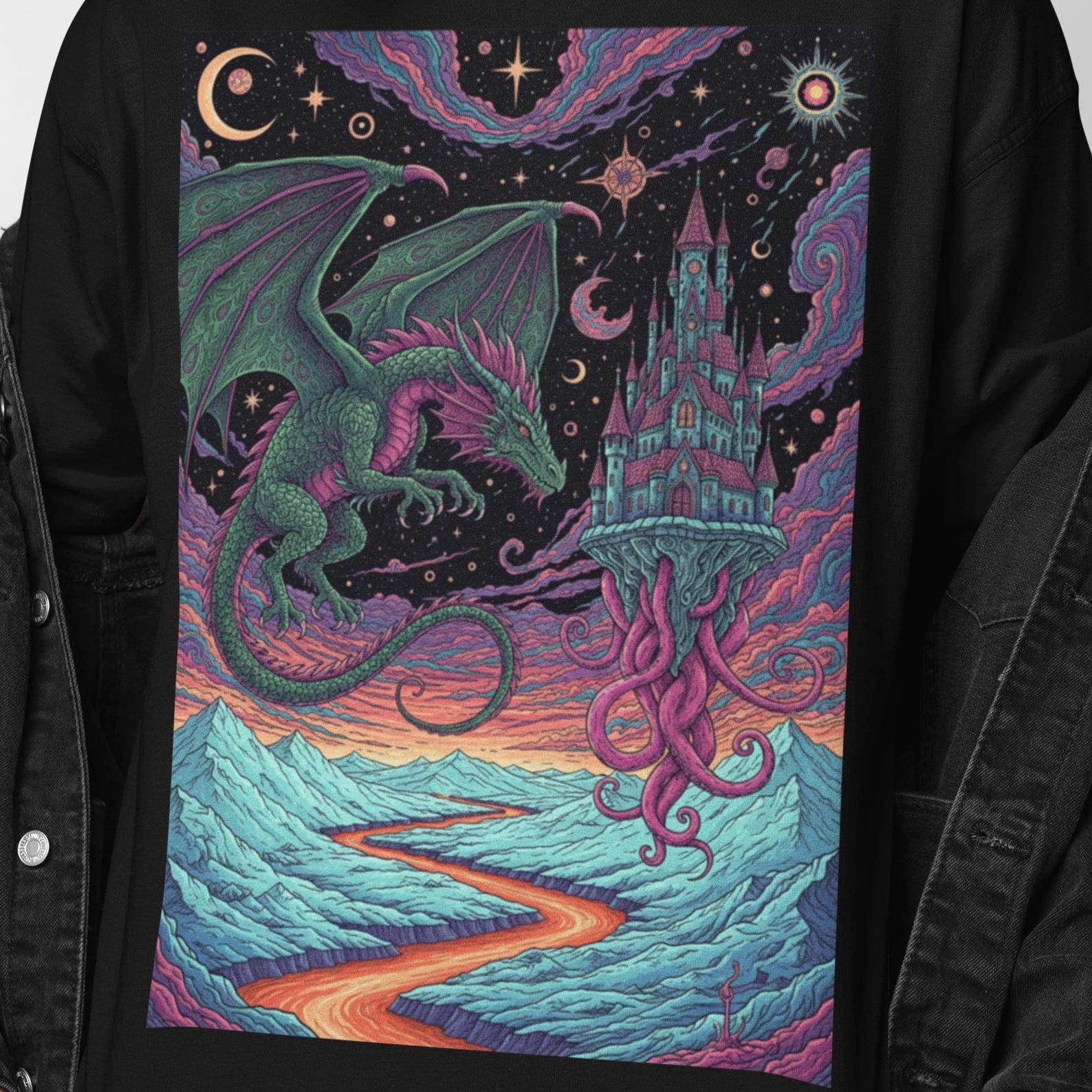 Dragon And Floating Castle Shirt | Fantasy Landscape Art Tee | Psychedelic Dragon Tshirt | Surreal Cosmic Fantasy Graphic S