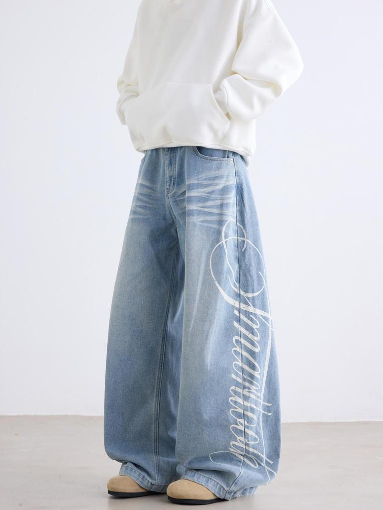 Men's Straight-Leg Print Jeans: Trendy Spring/Autumn High Street Long Pants