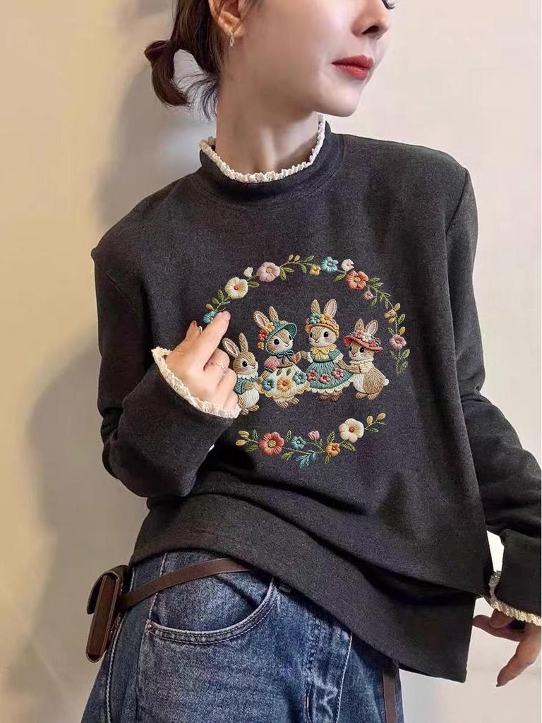 Women's 2025 Autumn/Winter Lace Collar Velvet Base Layer Long Sleeve T-Shirt