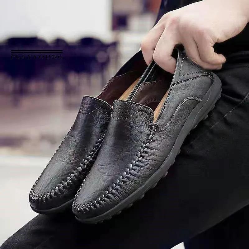 Fashion Men Leather Shoes Men Spring Loafers Slip on Business Casual Leather Shoes Classic Soft Moccasins Hombre Breathable Flats Shoes