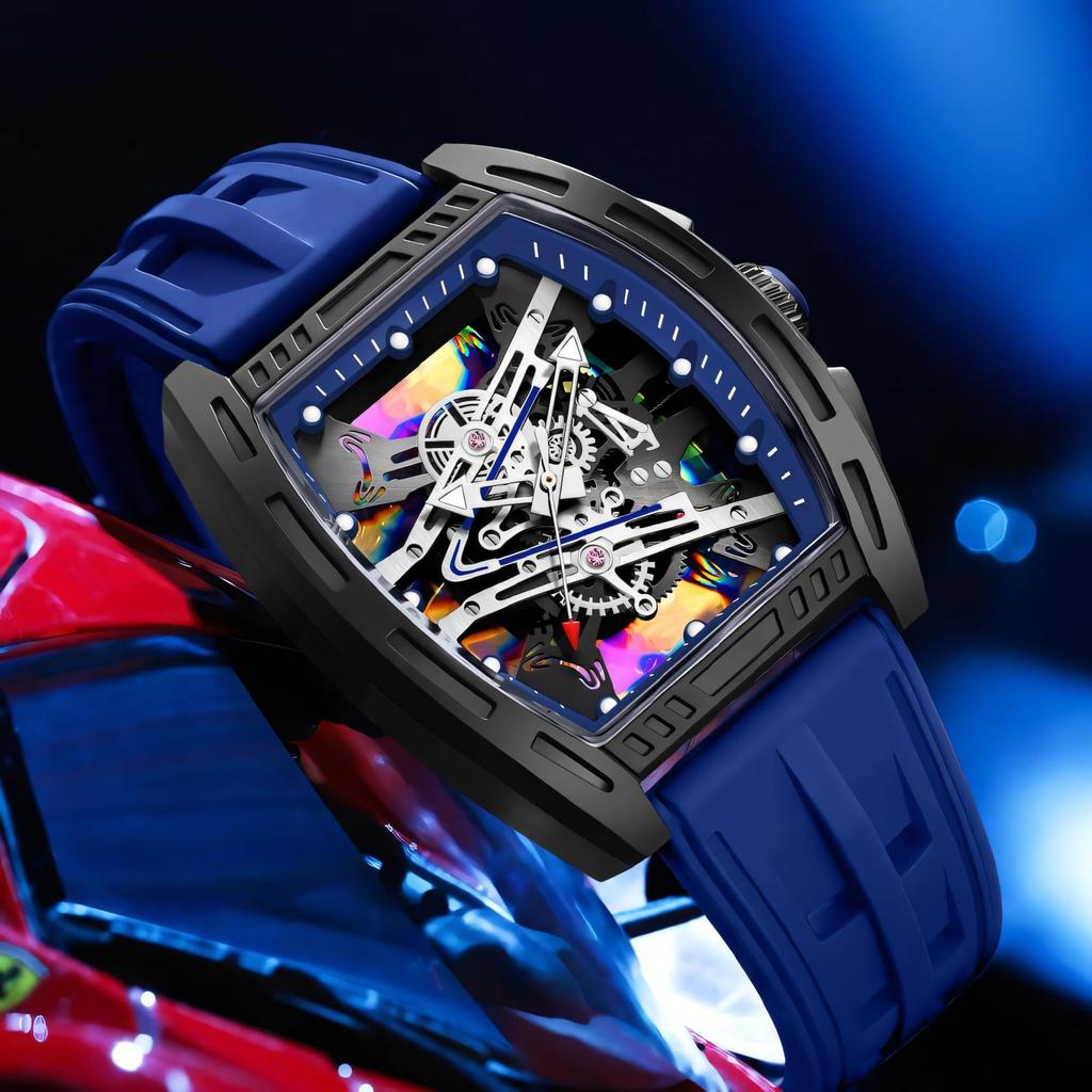 New Business Cool Wine Barrel Shaped Hollowed Dial Men's Wristwatch Silicone Strap Waterproof Luminous Quartz Male Watch