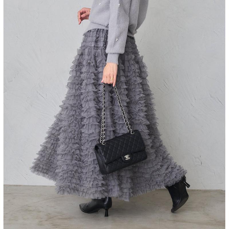 

Women s Fluffy Mesh Embroidered A-line Long Skirt - Versatile Spring/Autumn Style One Size сірий колір