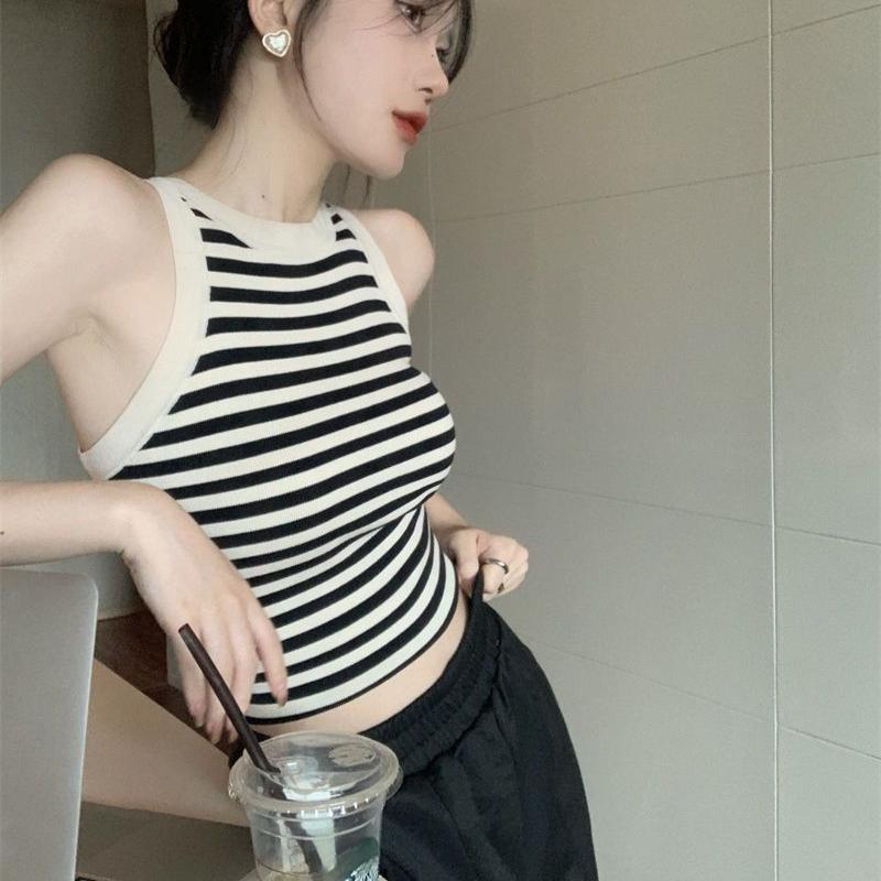 Striped Ice Silk Knitted Vest Women's Summer Slim Short Chic Sleeveless Camisole Outer Top