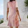 Women Plus Size Round Neck Short Sleeve Marble Printed Blue A Line Midi Dress