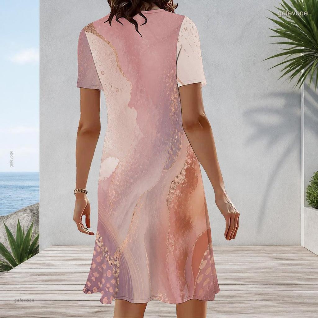 Women Plus Size Round Neck Short Sleeve Marble Printed Blue A Line Midi Dress