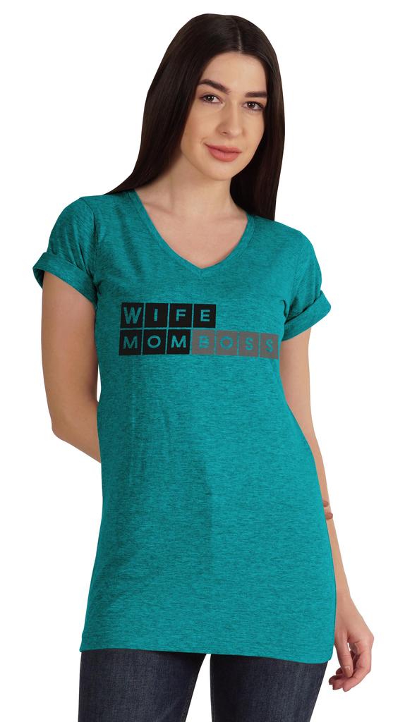 Inkmeso Wife Mom Boss Women Tshirt Cotton Top V-neck Mother’s Graphic Tee Shirt