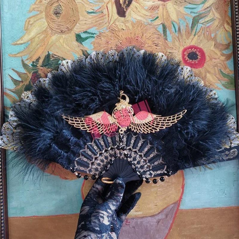 Lolita Cosplay Hand Held Fan Gothic Angel Wing Feather Rose Bead Chain Lace Flower Black Folding Fan Dance Photo Props Halloween