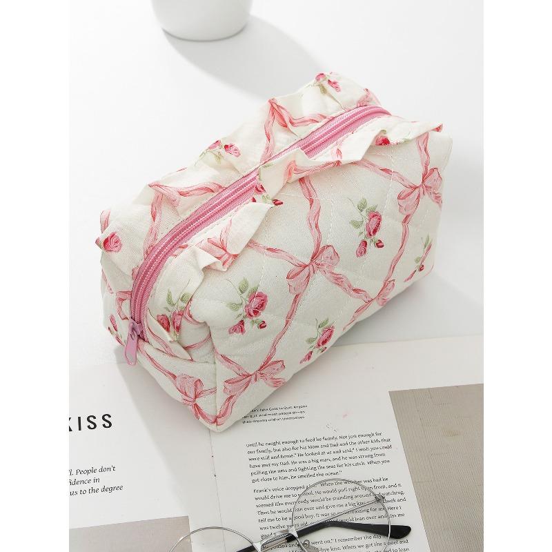 Ruffled Edge Bowknot Floral Print Makeup Bag Large Capacity Quilting Pen Bag Women Cosmetic Storage Bag Travel Wash Bags Clutch